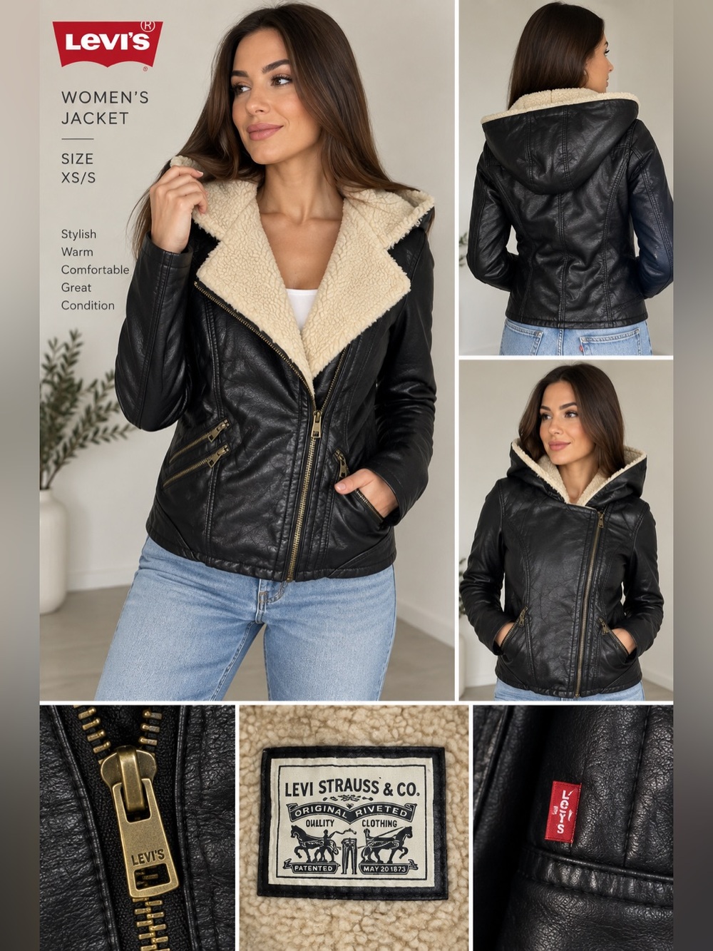 Levi's Women's Black Faux Leather Sherpa-Lined Jacket Sz XS/S